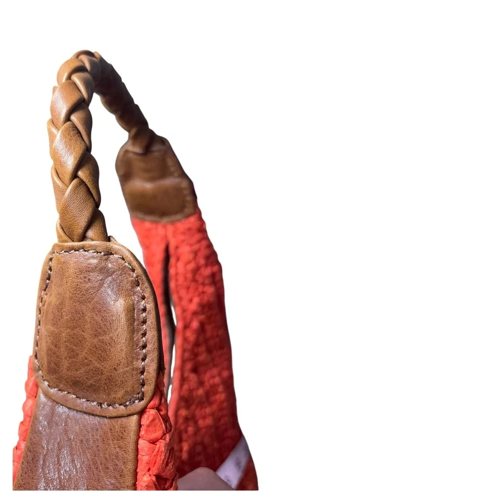 Rodeo Bar Style Raffia Hobo Bag‎ Orange Leather Trim Braided Strap Crescent